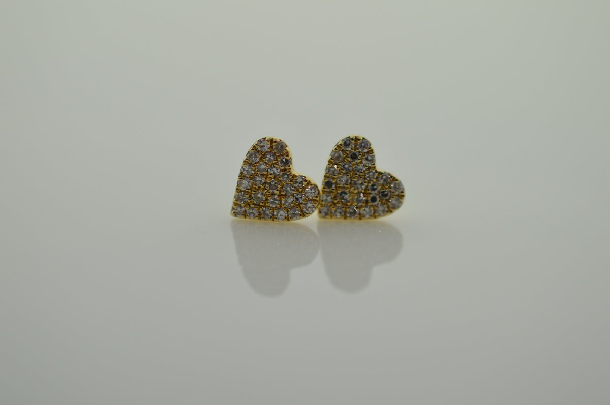 14K Yellow Gold Diamond Heart Stud Earrings with 52 Diamonds