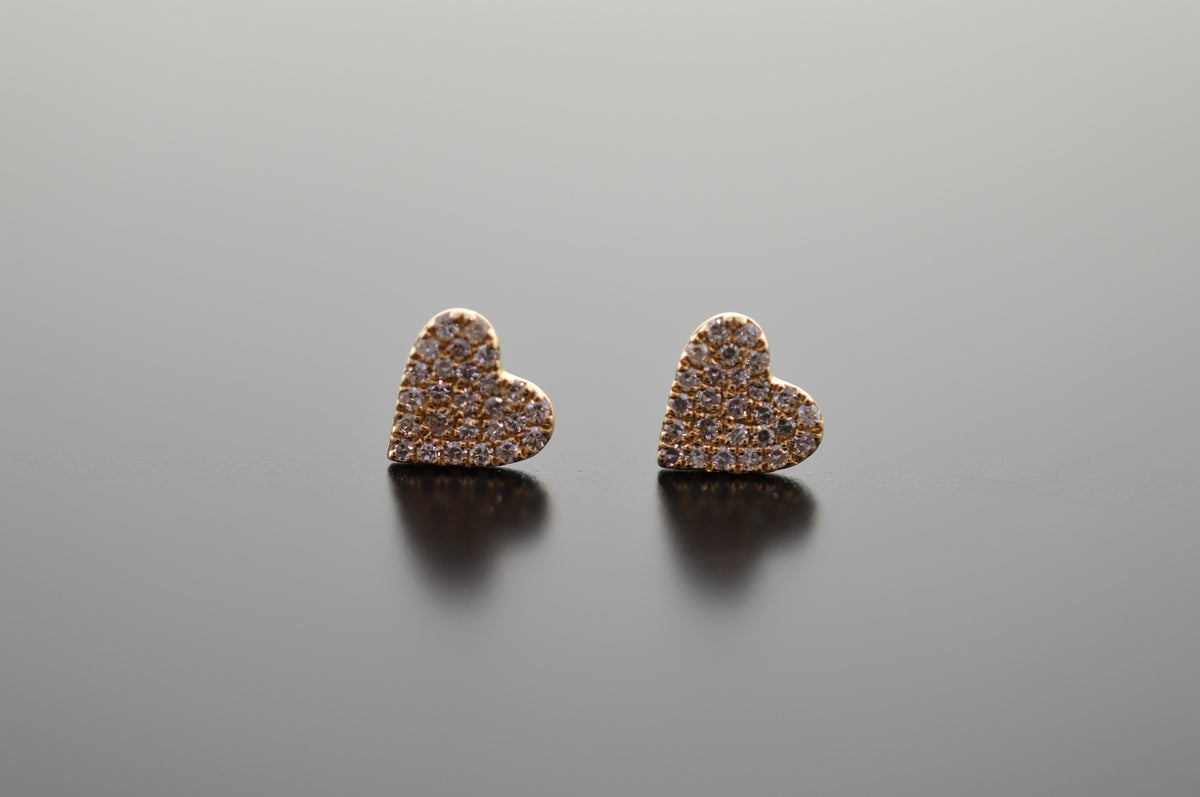 14K Yellow Gold Diamond Heart Stud Earrings with 52 Diamonds