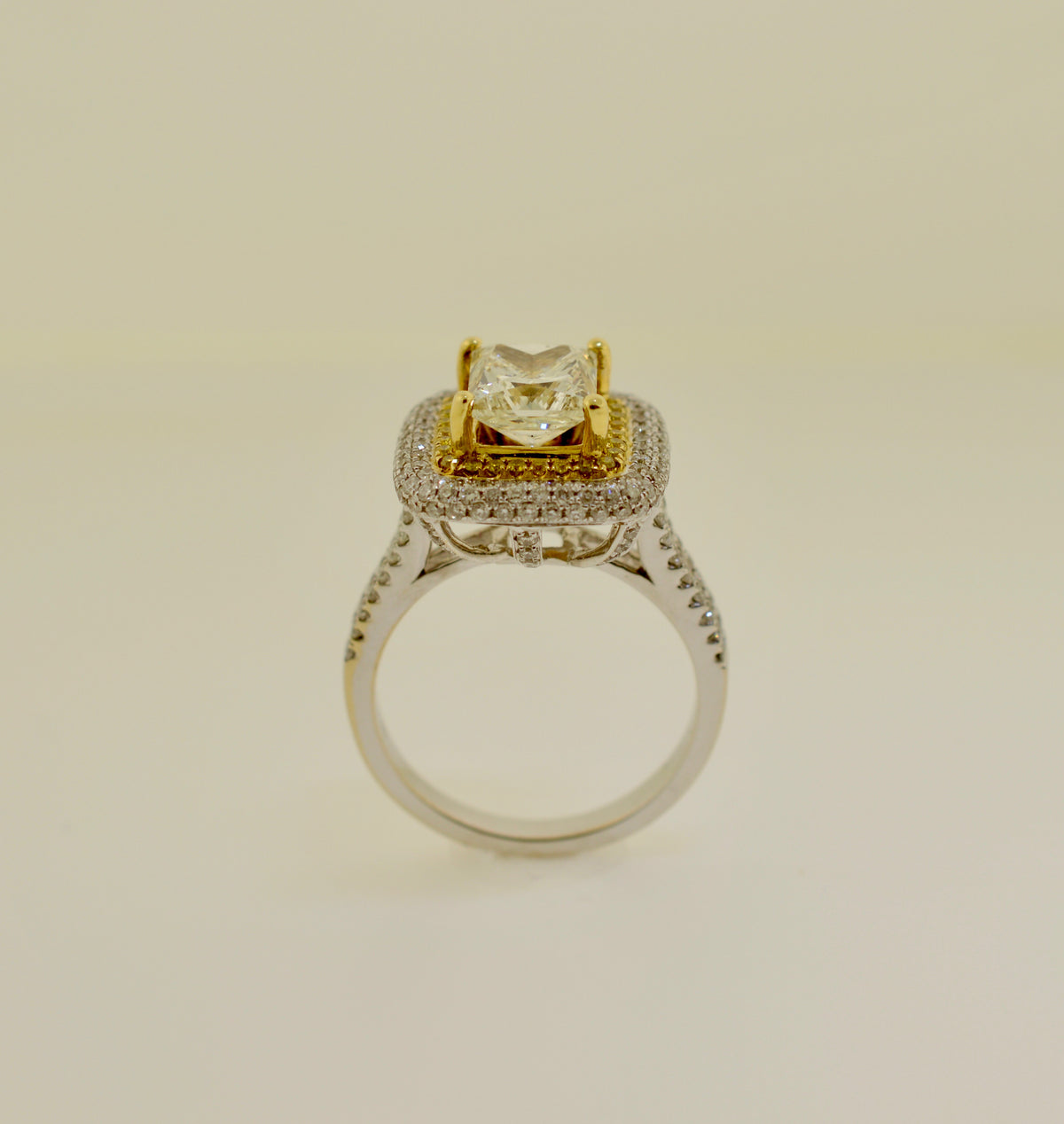 Two Tone Double Halo Princess Cut Diamond Engagement Ring