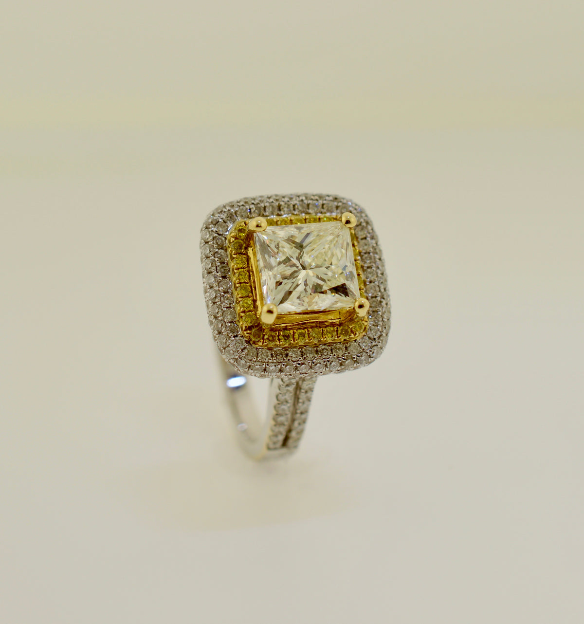Two Tone Double Halo Princess Cut Diamond Engagement Ring