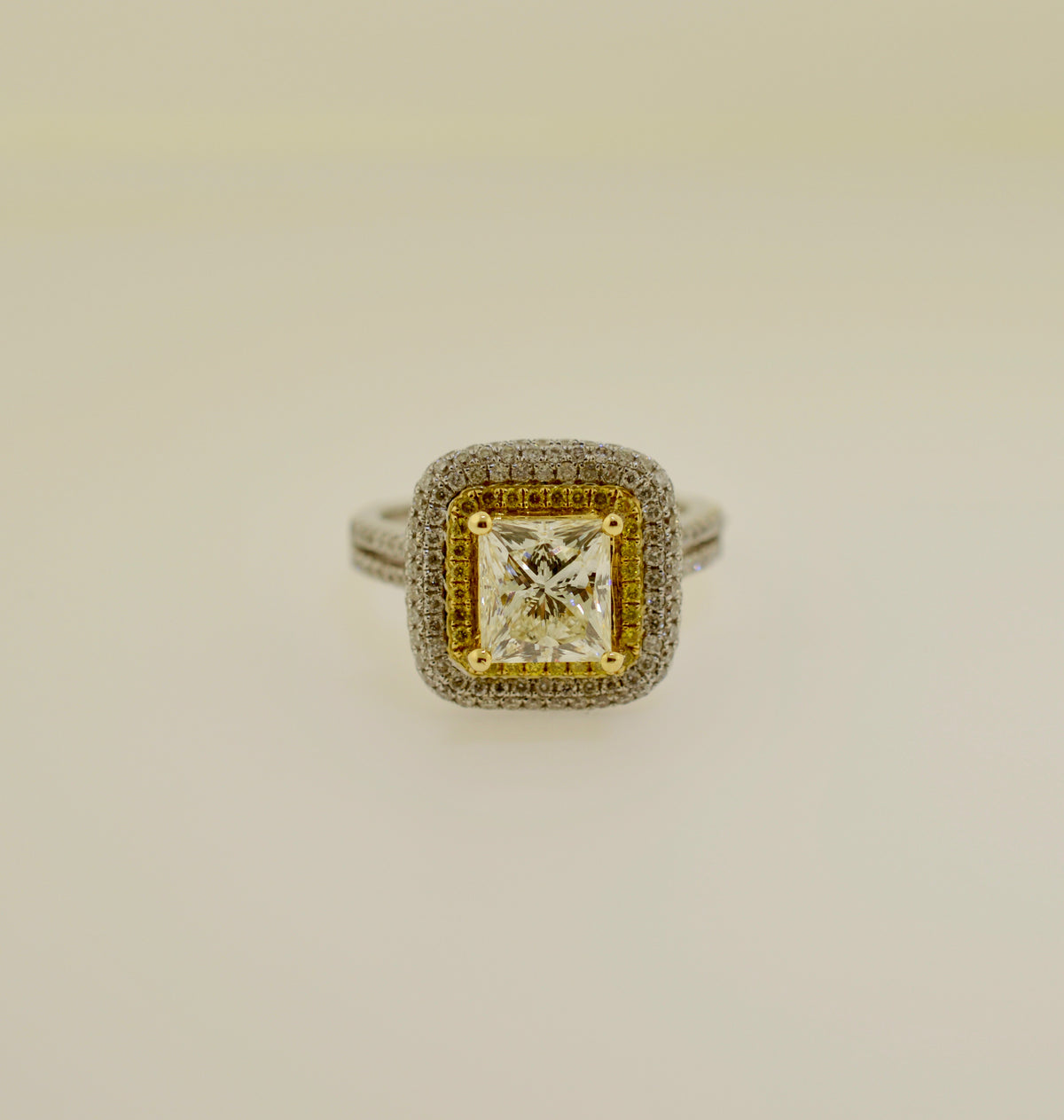 Two Tone Double Halo Princess Cut Diamond Engagement Ring