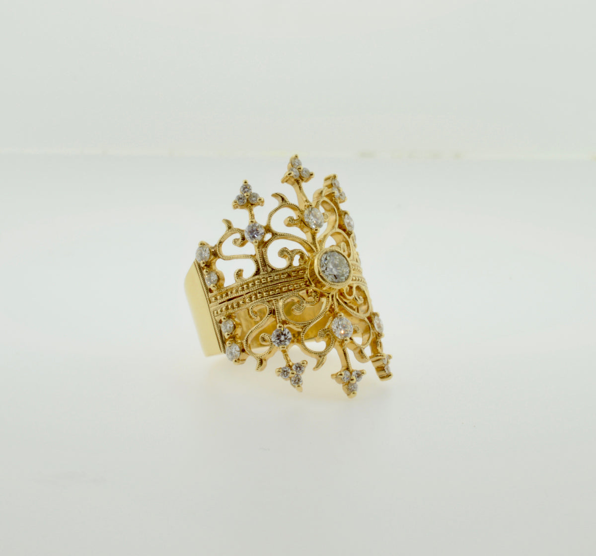 14K Yellow Gold Diamond Double Crown Gold Fashion Ring