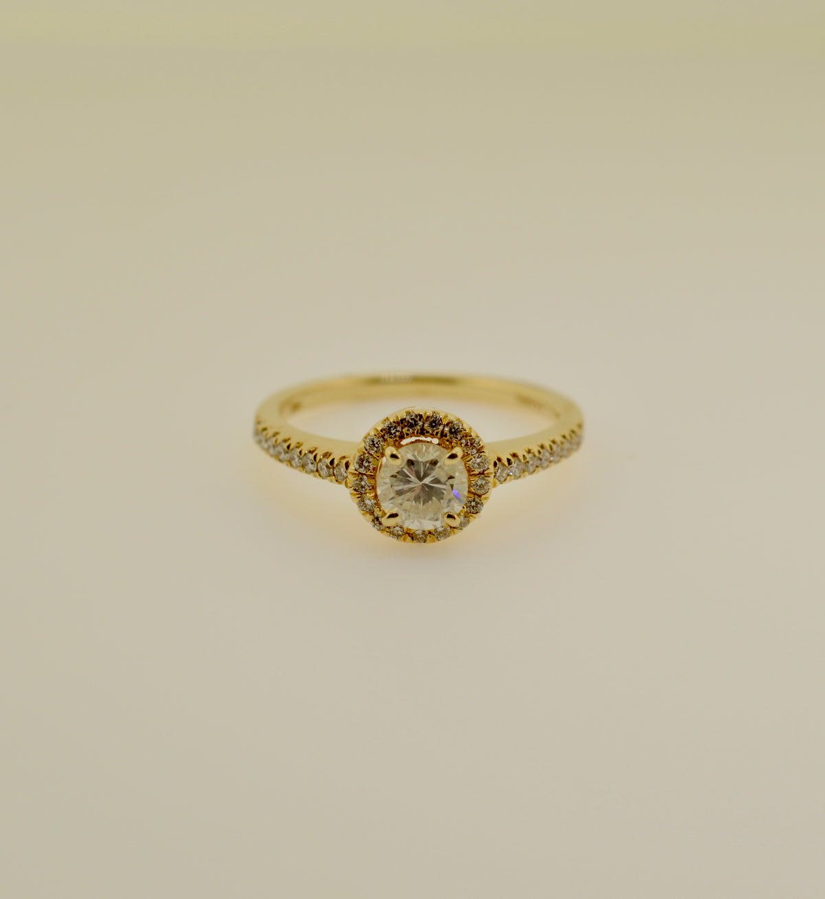 Yellow Gold Round Brilliant Cut Diamond Engagement Ring with Halo
