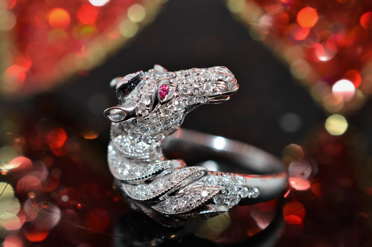 18K White Gold Diamond Horse Ring with Ruby Accents
