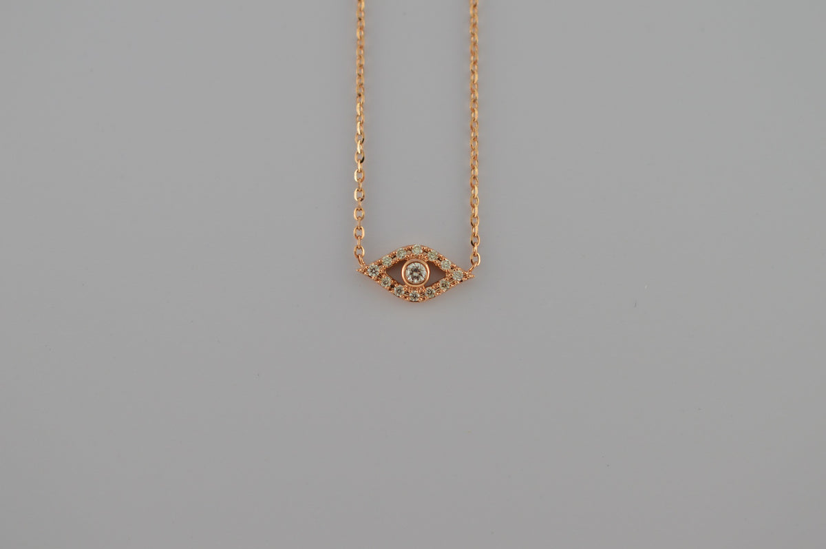 14K Rose Gold Diamond Evil Eye 18 Inch Long Necklace