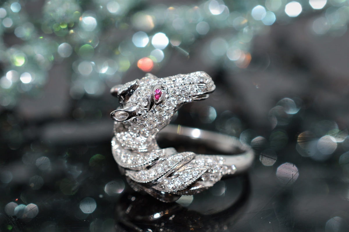 18K White Gold Diamond Horse Ring with Ruby Accents