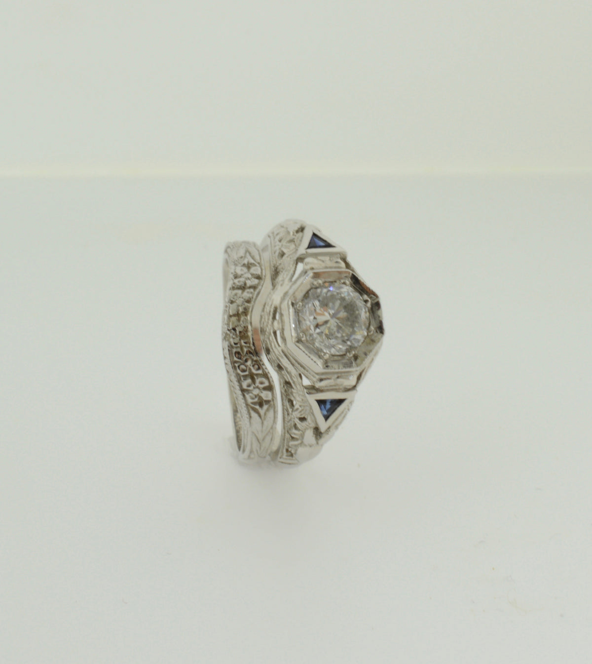 Filigree and Sapphire Diamond White Gold Wedding Ring
