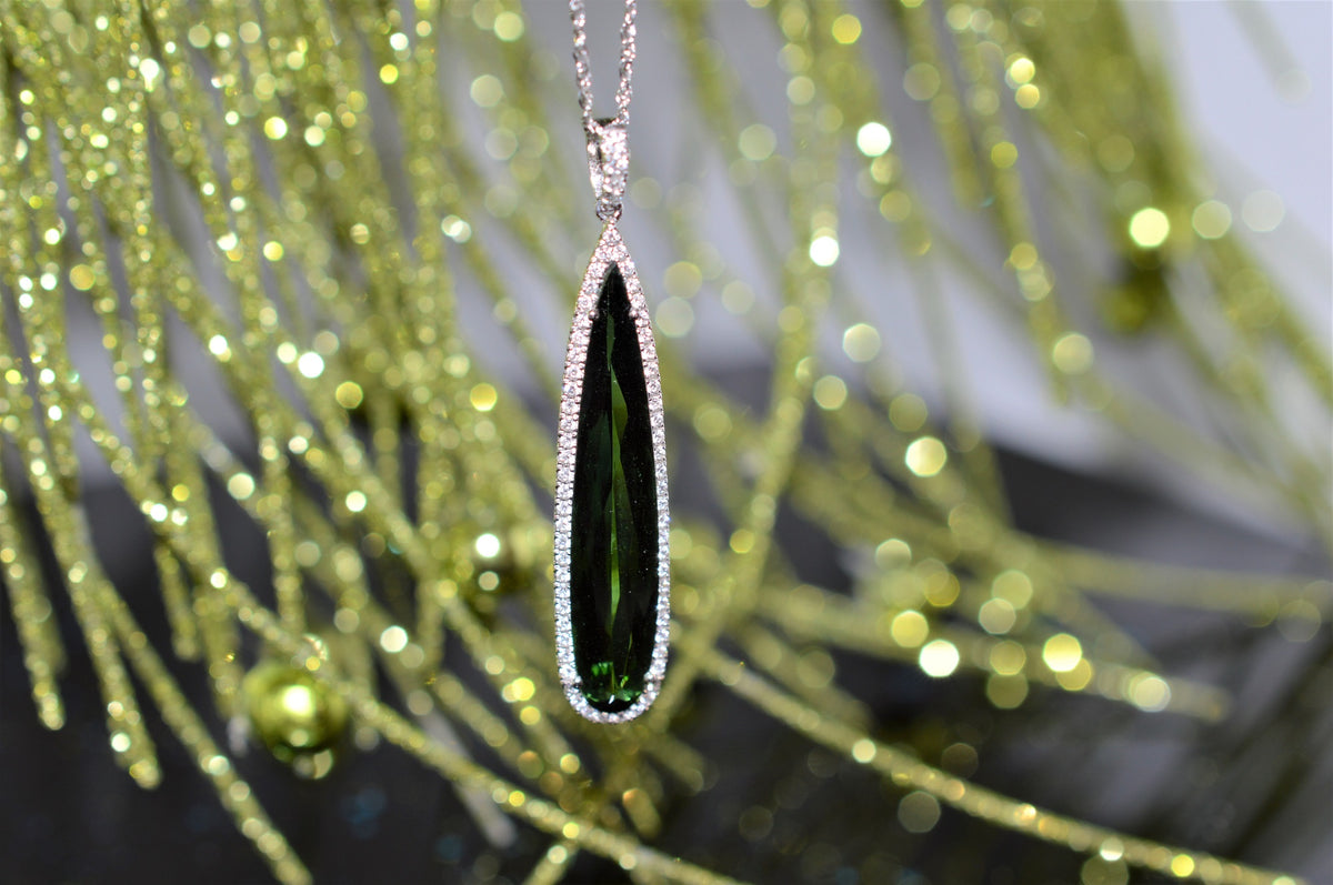 14K White Gold Long Green Tourmaline and Diamond Necklace