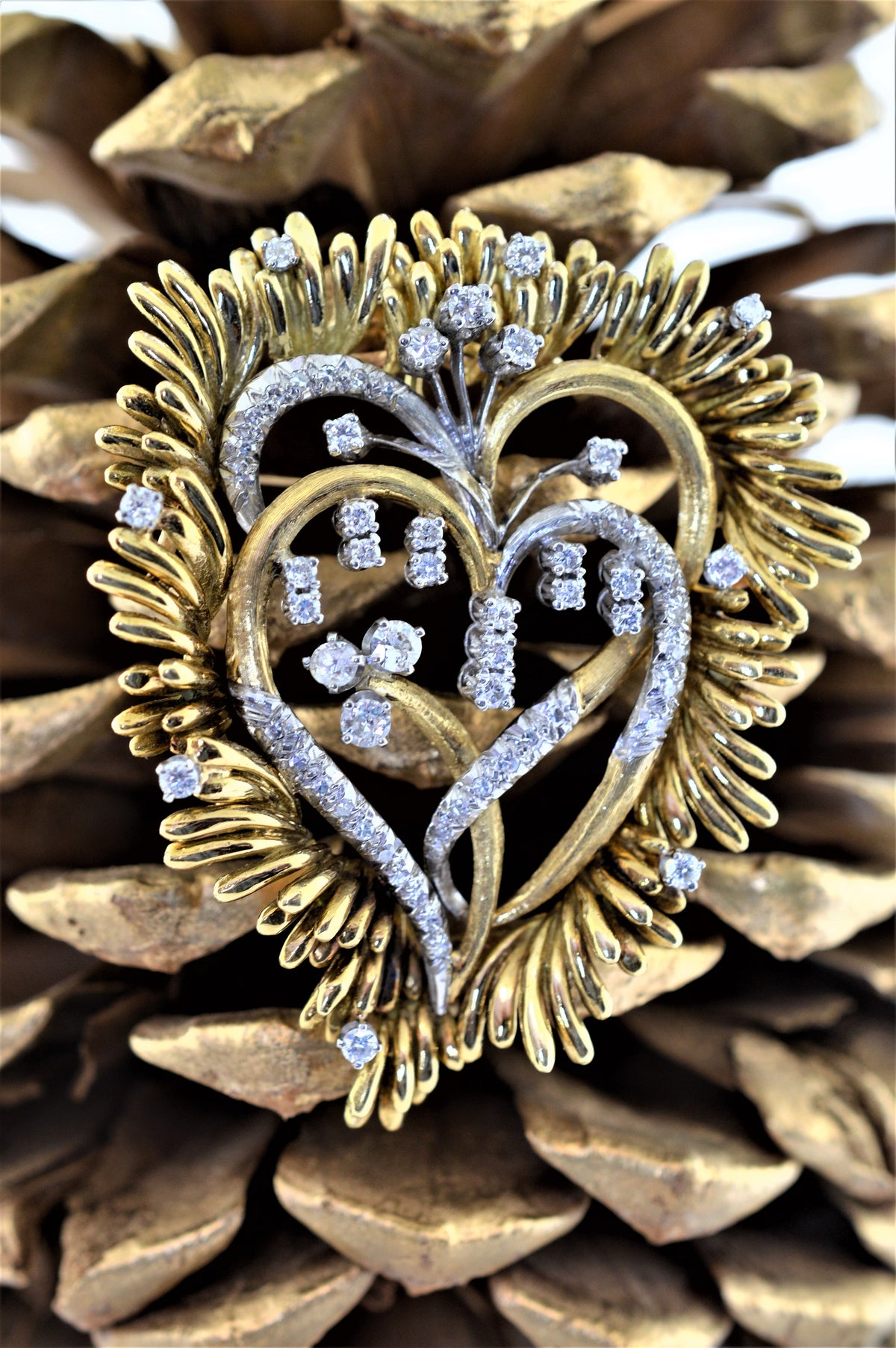 18K Two Tone Double Heart Pendant and Pin with Diamonds