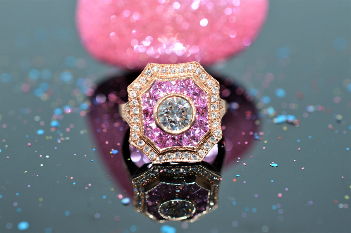 Rose Gold Diamond and Pink Tourmaline Art Deco Inspired Ring