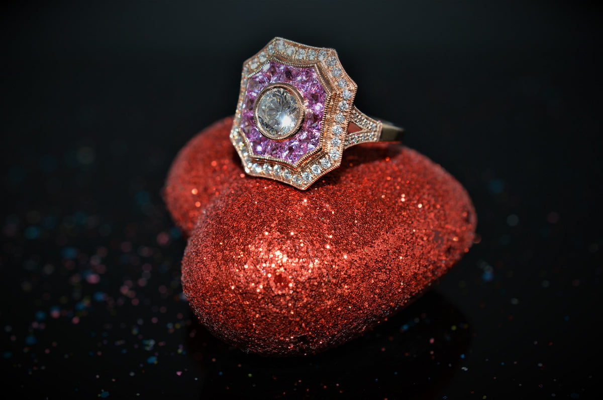 Rose Gold Diamond and Pink Tourmaline Art Deco Inspired Ring