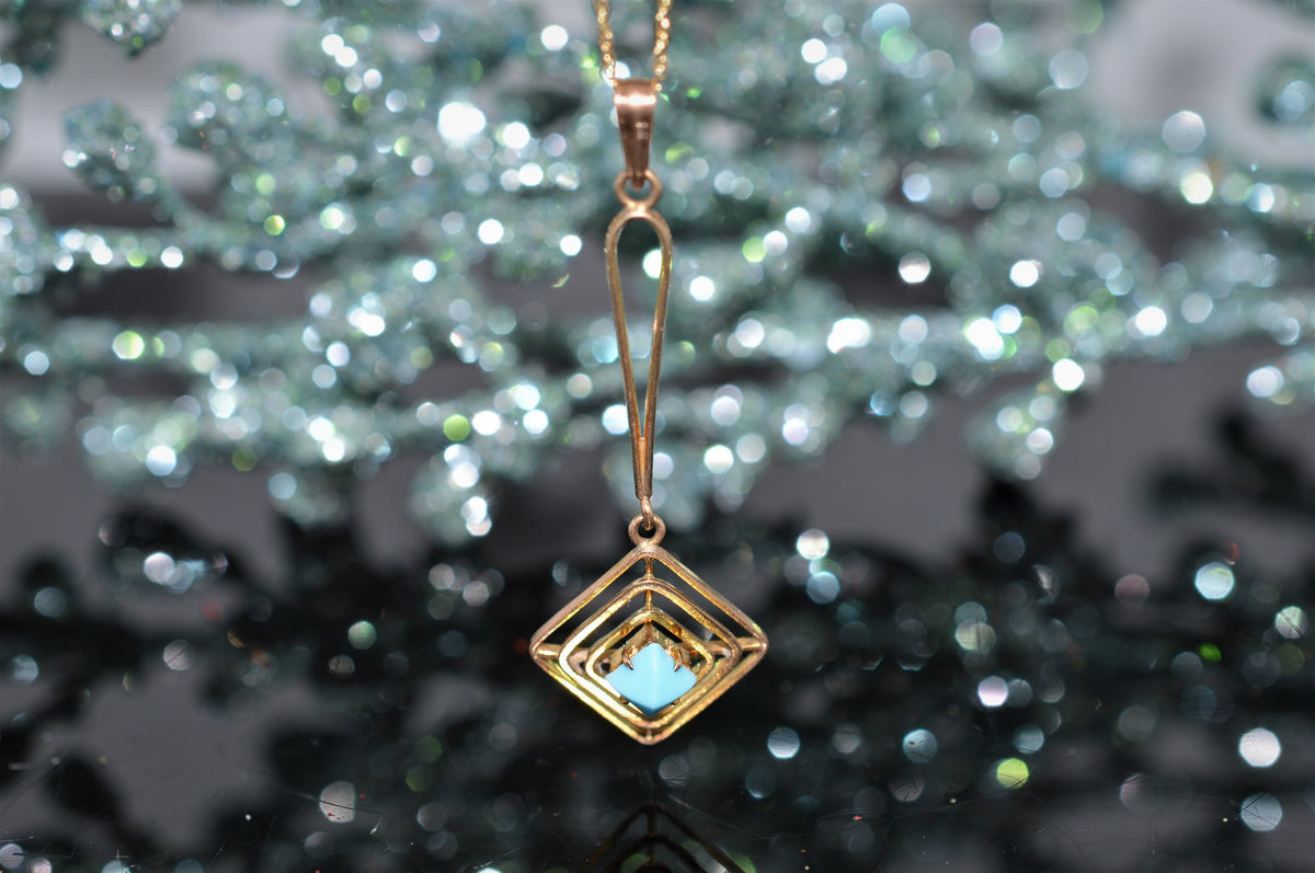 10K Antique Turquoise and Gold Lavalier Necklace