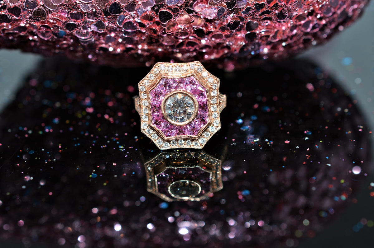 Rose Gold Diamond and Pink Tourmaline Art Deco Inspired Ring