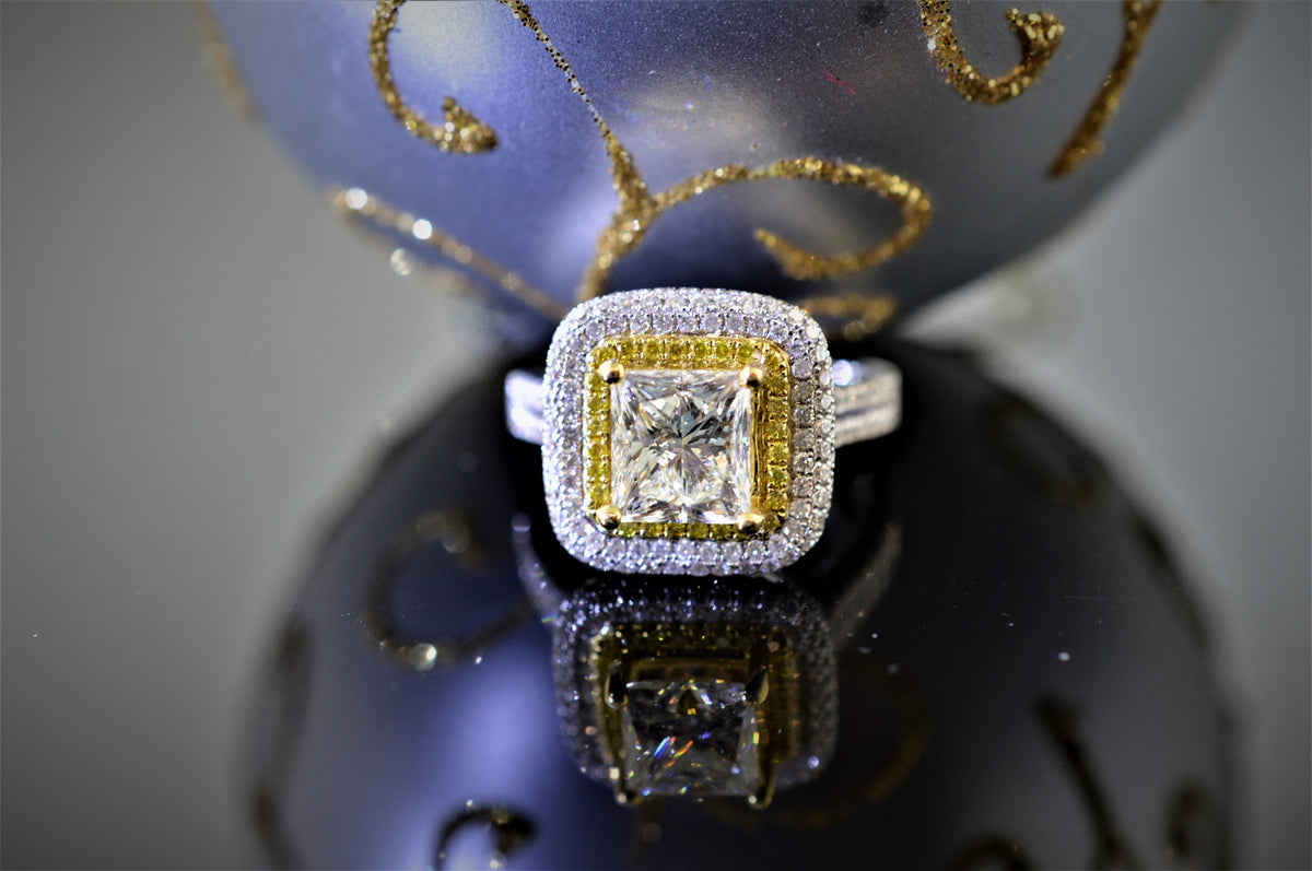 Two Tone Double Halo Princess Cut Diamond Engagement Ring