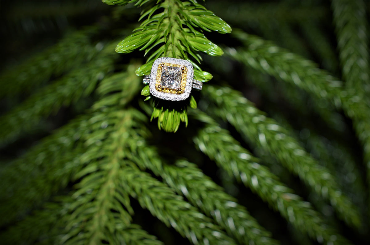 Two Tone Double Halo Princess Cut Diamond Engagement Ring
