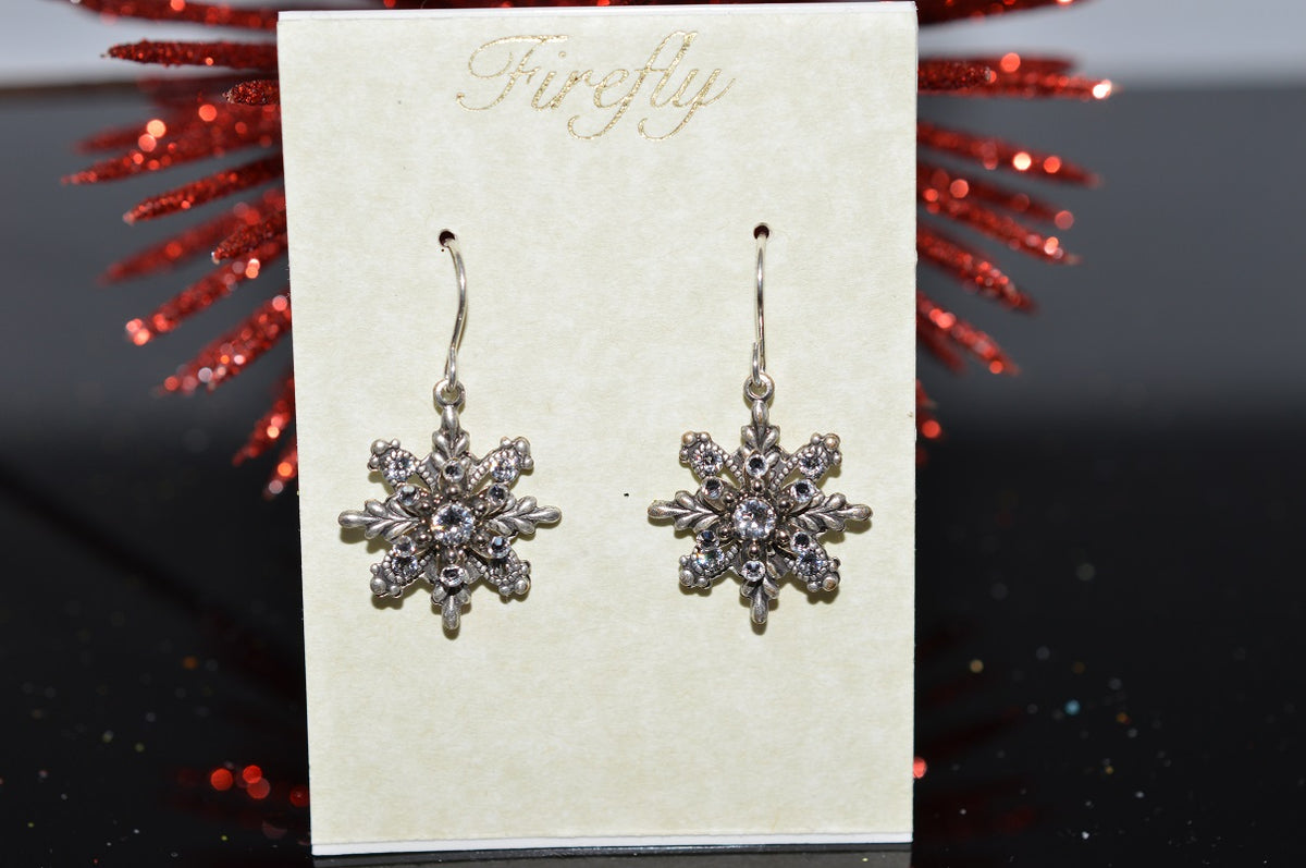 Antique Silver Plated Snowflake Earrings With Crystals by Firefly