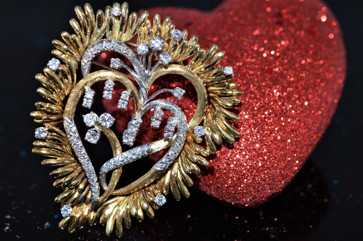 18K Two Tone Double Heart Pendant and Pin with Diamonds