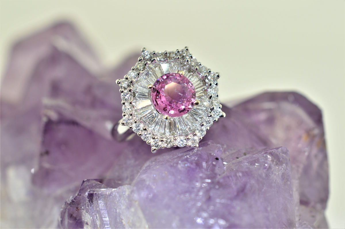 18K White Gold Diamond and Round Pink Sapphire Ring