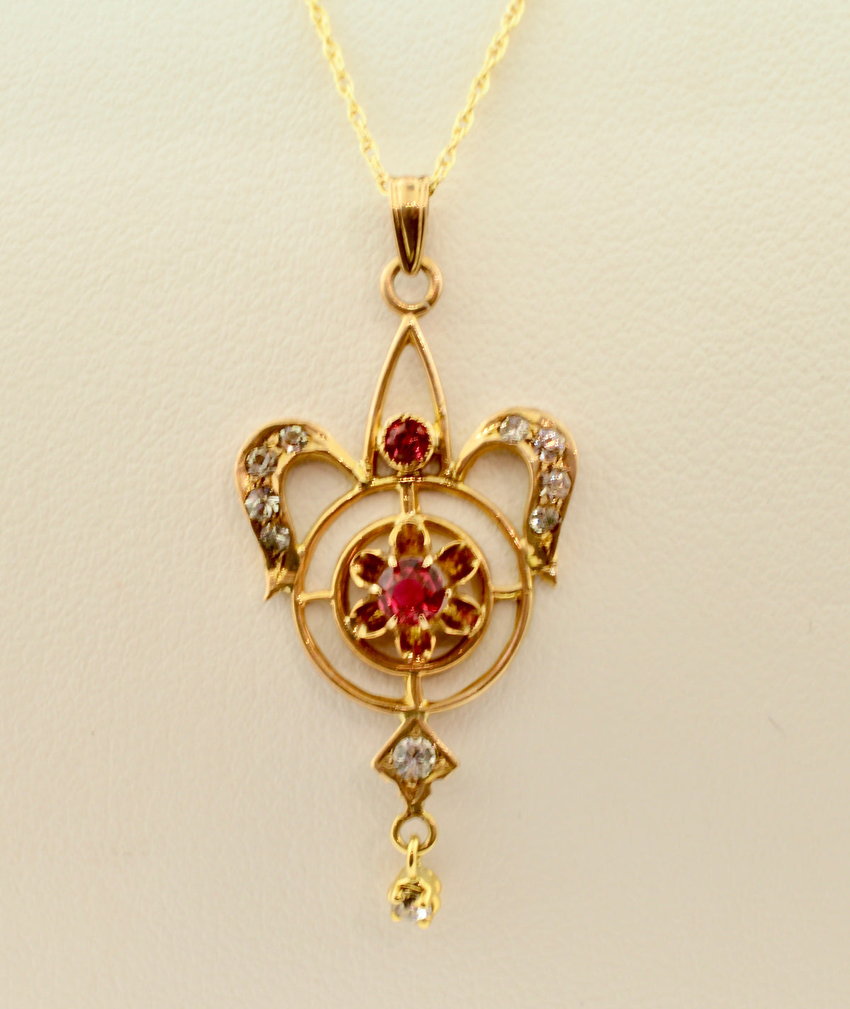 10K Antique Red and White Stone Gold Lavalier Necklace