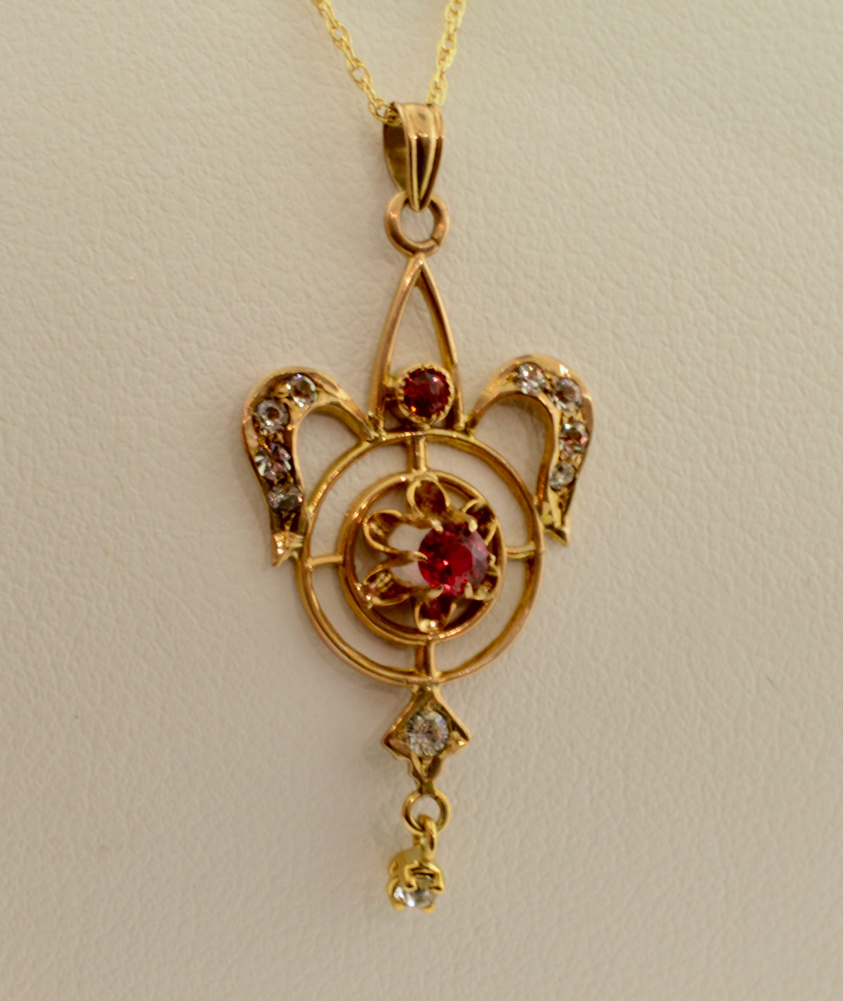 10K Antique Red and White Stone Gold Lavalier Necklace