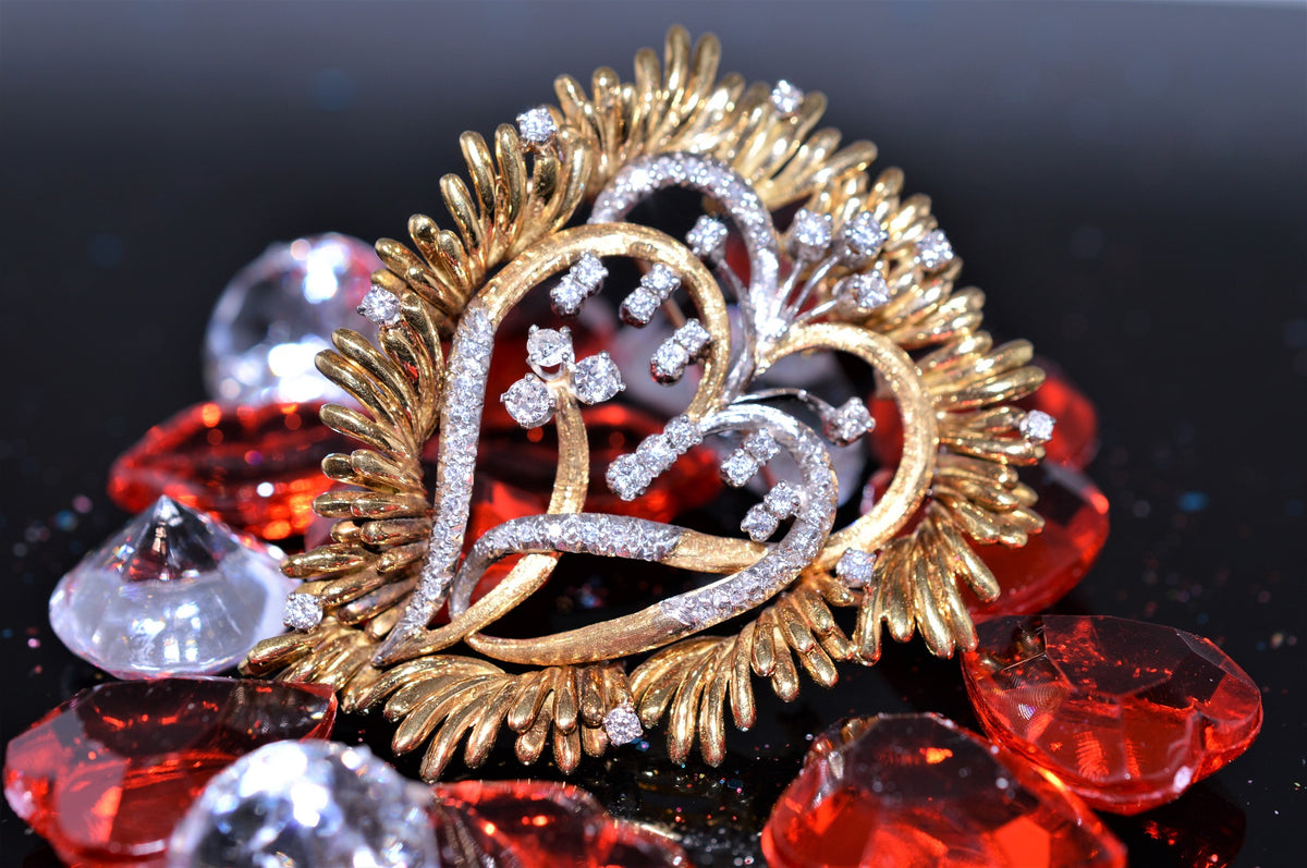 18K Two Tone Double Heart Pendant and Pin with Diamonds