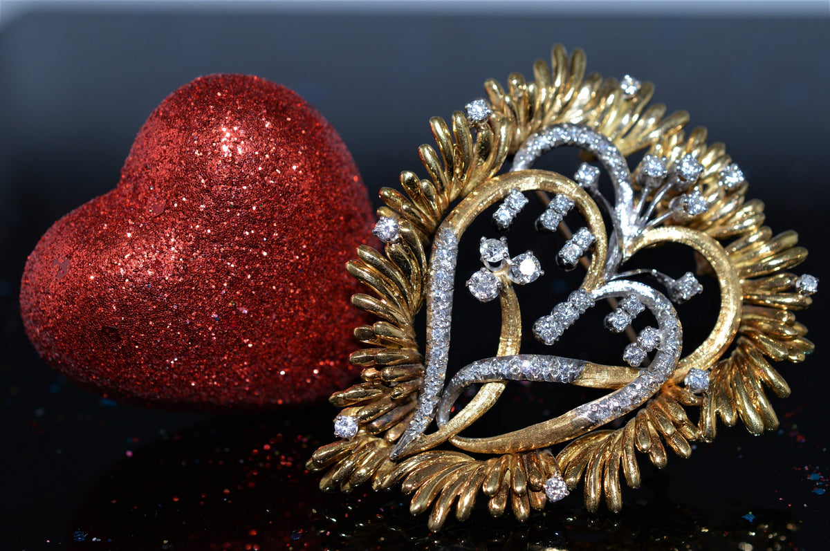 18K Two Tone Double Heart Pendant and Pin with Diamonds