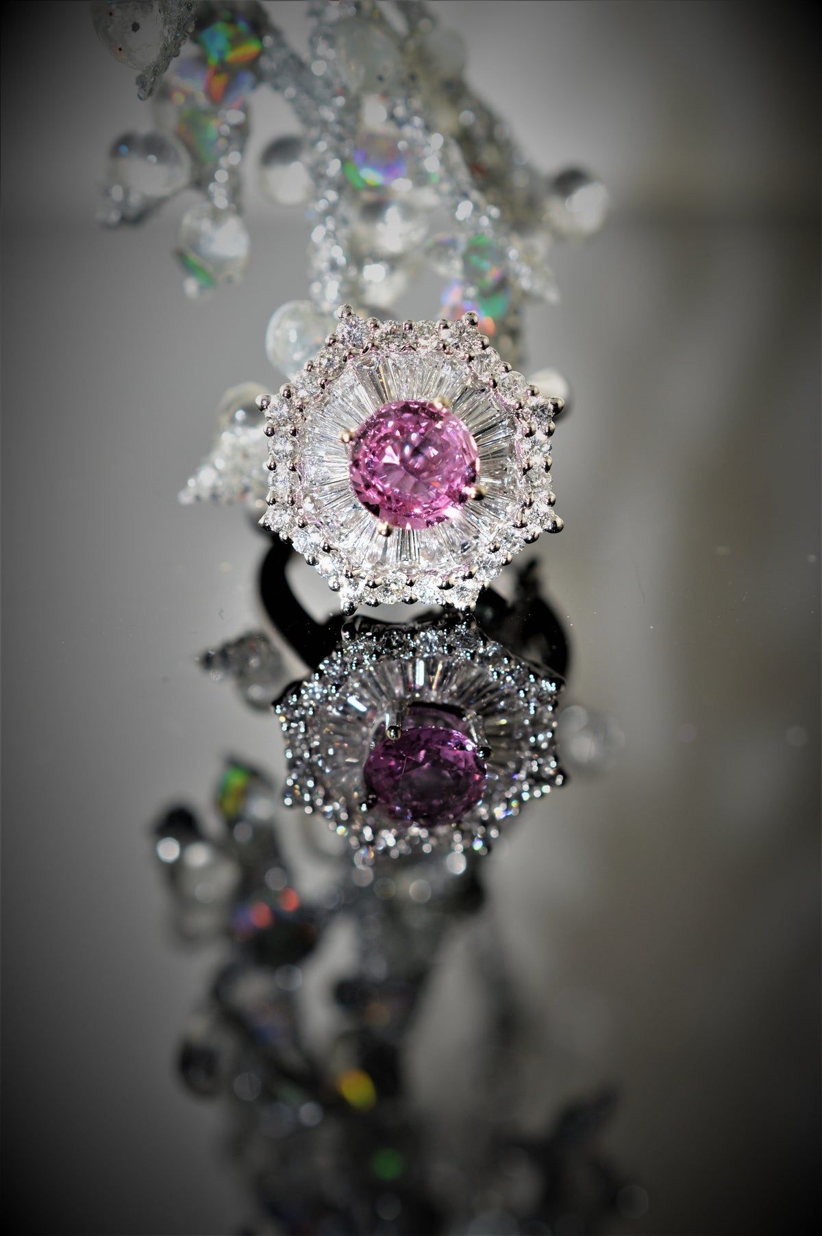 18K White Gold Diamond and Round Pink Sapphire Ring