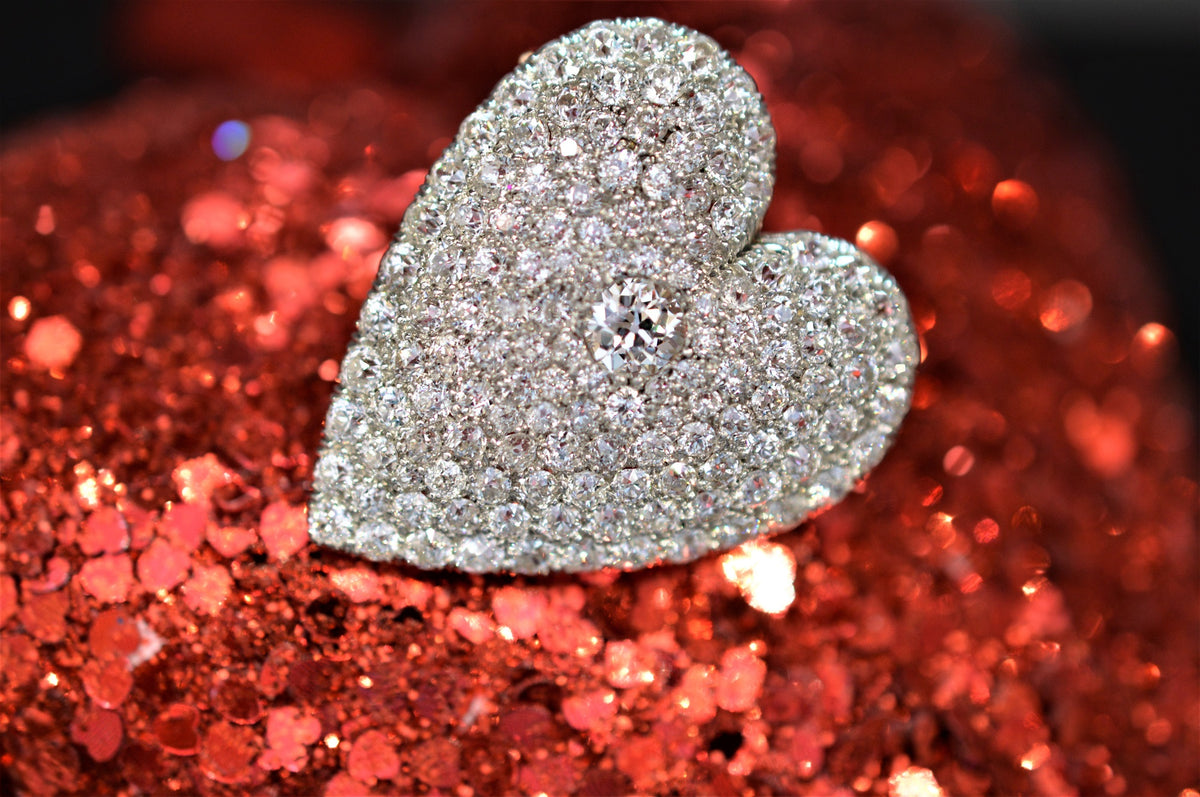 14K Two Tone Antique Pave Set Diamond Heart Pendant/Brooch