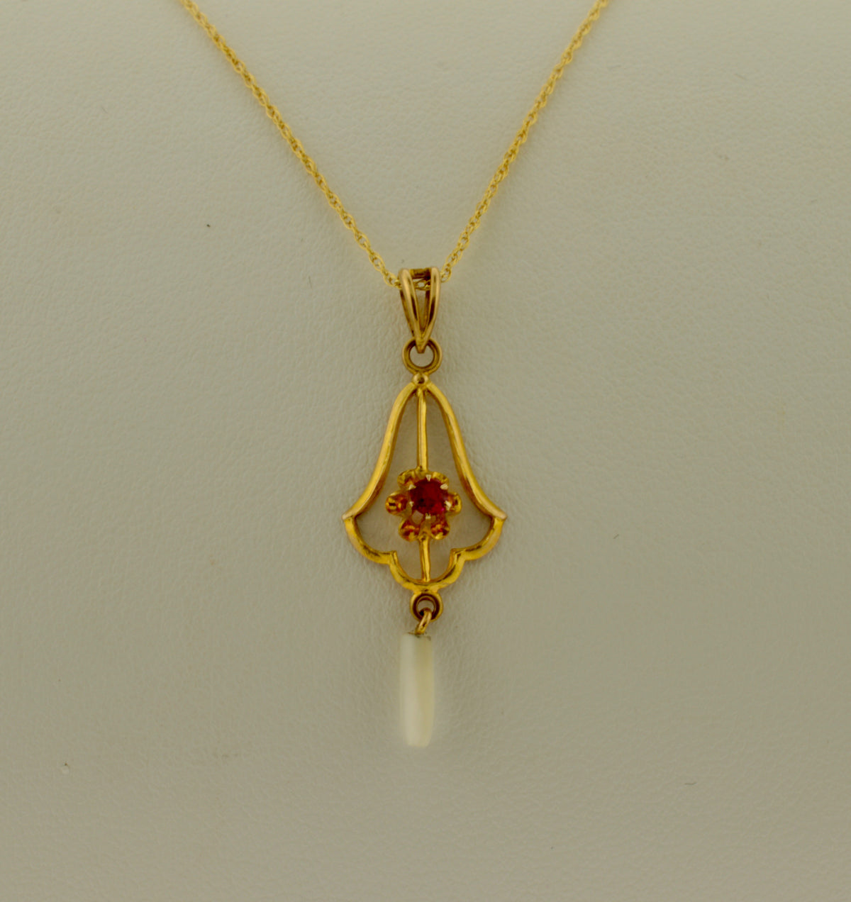 10K Antique Pearl and Red Stone Gold Lavalier Necklace