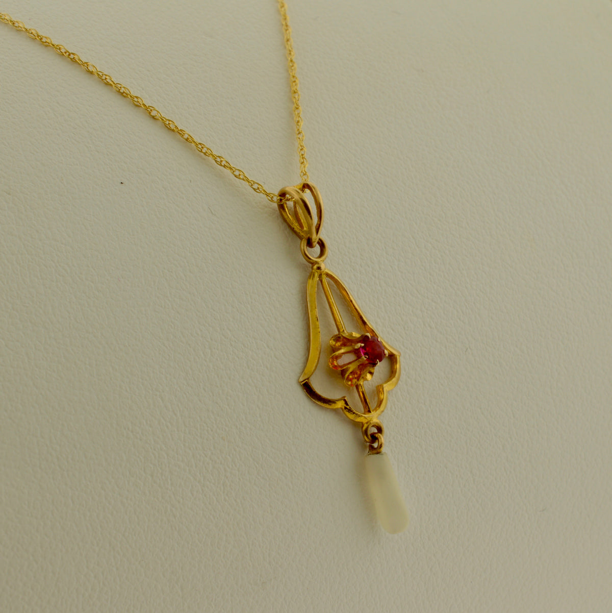 10K Antique Pearl and Red Stone Gold Lavalier Necklace