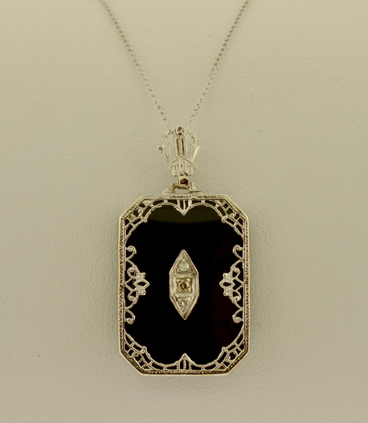 14K White Gold Antique Diamond and Black Onyx Necklace