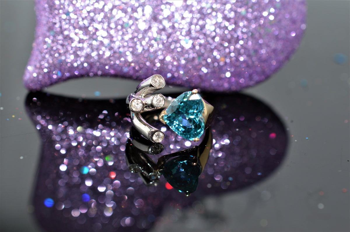 14K Two-Tone Diamond And a Heart Shaped Blue Zircon Ring