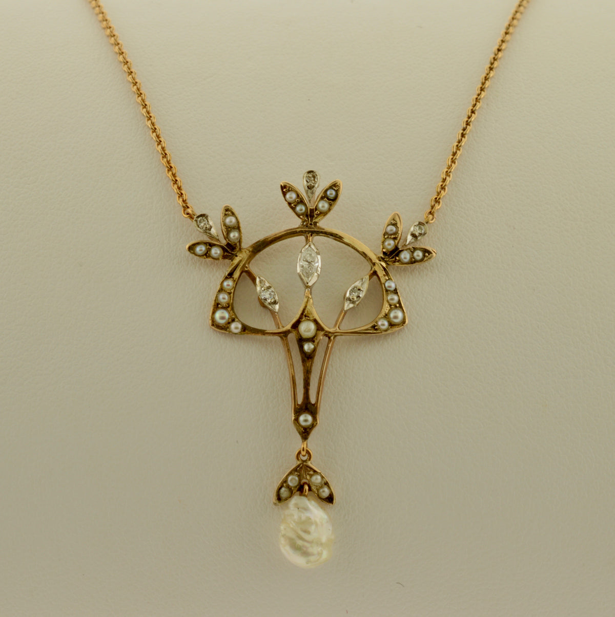 10K Antique Diamond and Pearl Gold Lavalier Necklace