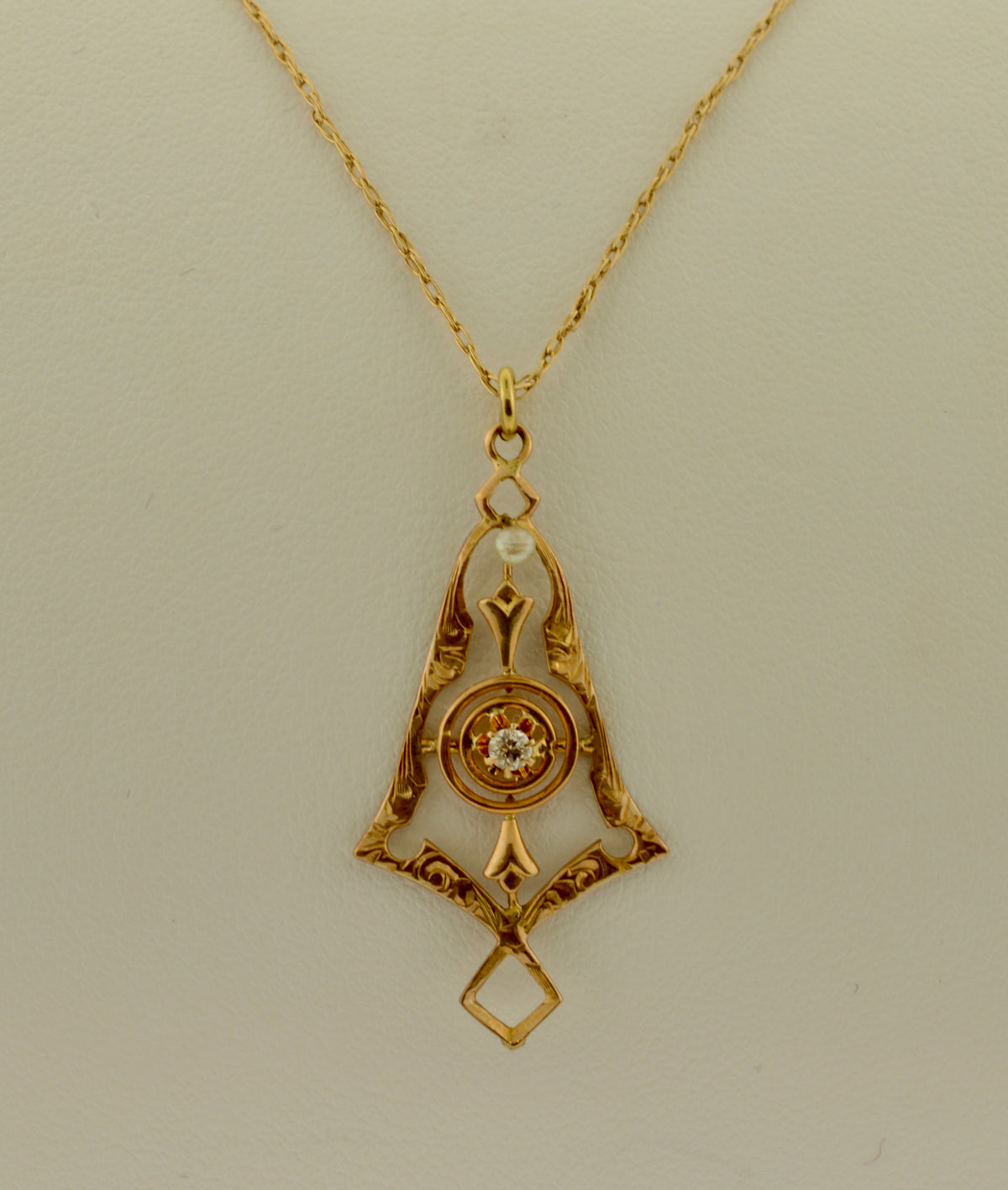 14K Yellow Gold Antique Diamond and Pearl Lavalier Necklace