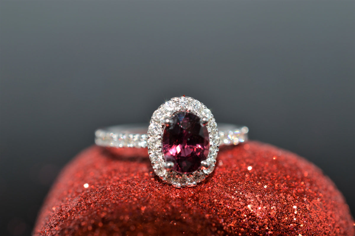 14K White Gold, Natural Red Oval Ruby And Diamond Ring