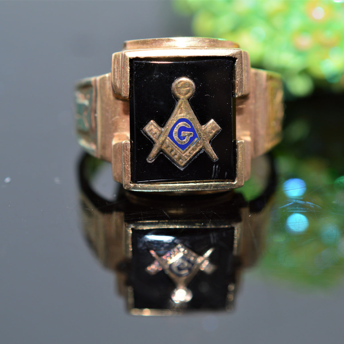 10K Yellow Gold 10x12mm Black Onyx Masonic Ring