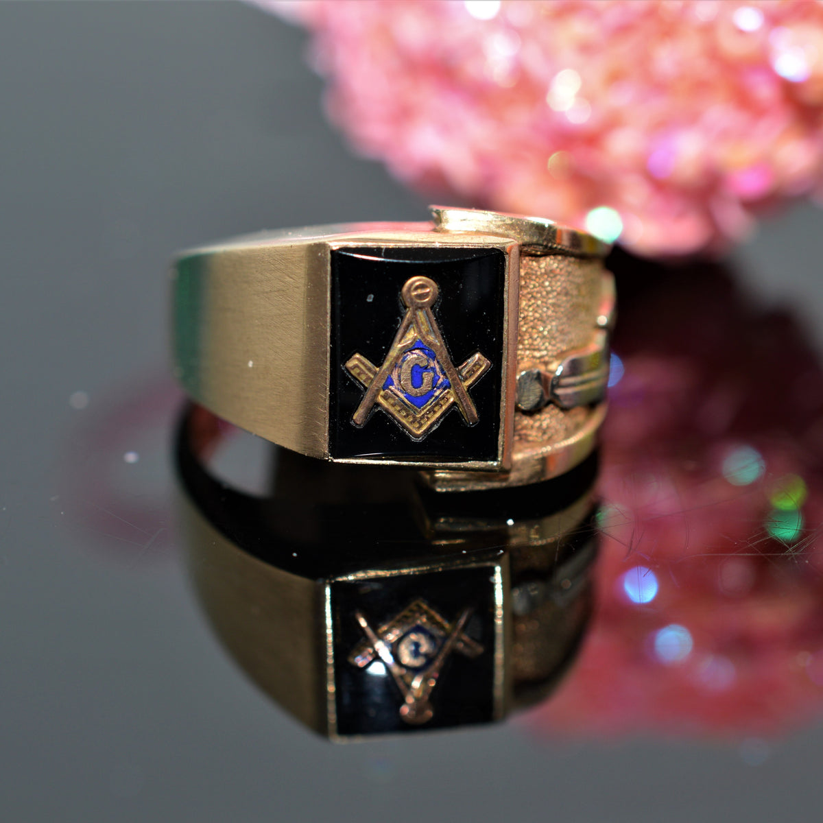 10K Yellow Gold 10x8mm Black Onyx Masonic Ring With 2 Symbols