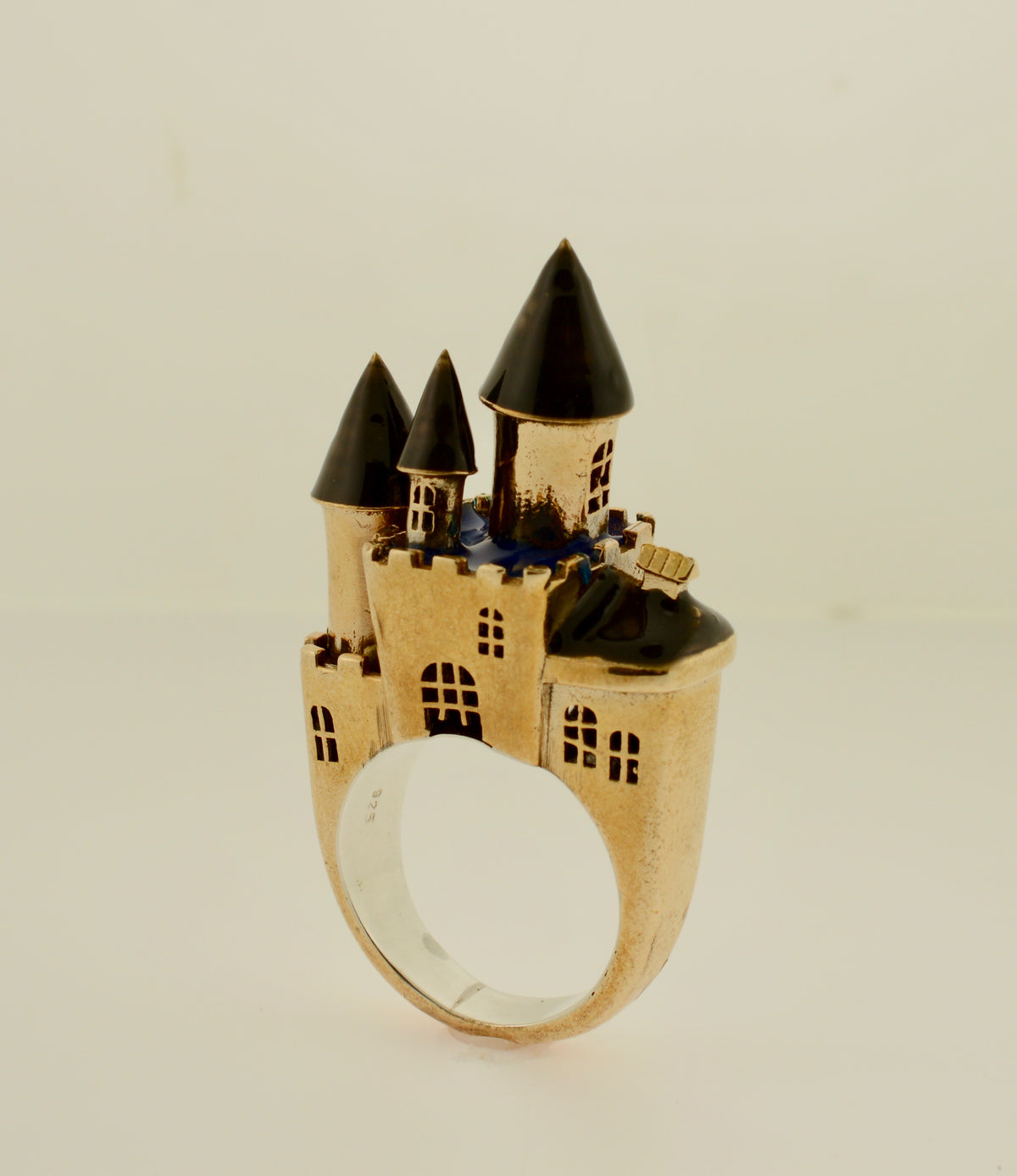 Vermeil 14K Gold Architectural Castle Ring with Enameling