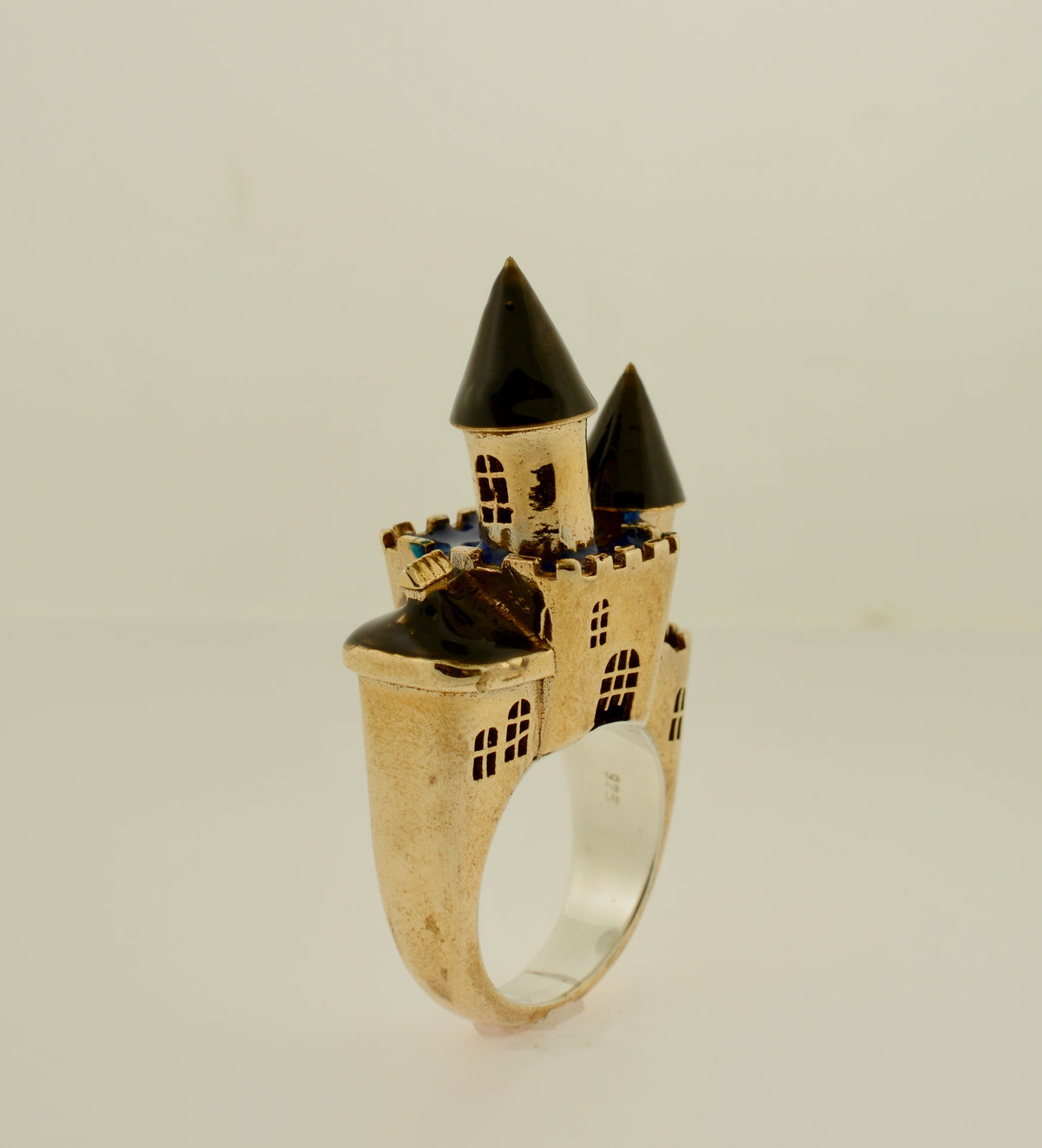 Vermeil 14K Gold Architectural Castle Ring with Enameling