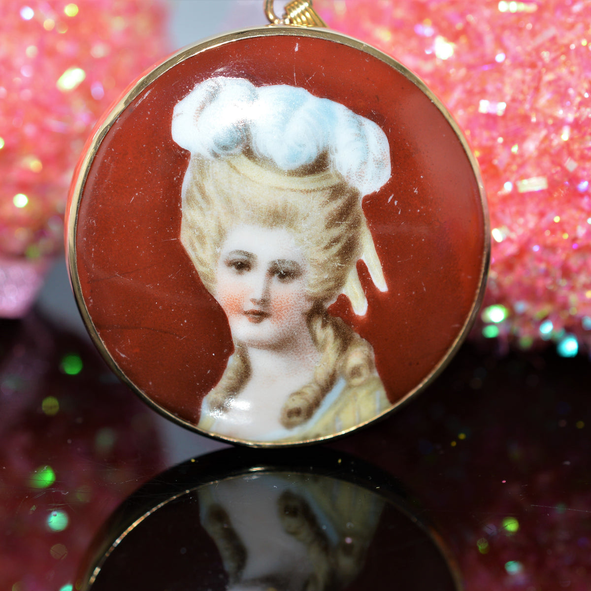 14K Yellow Gold Framed Hand Painted Porcelain Pin/Pendant
