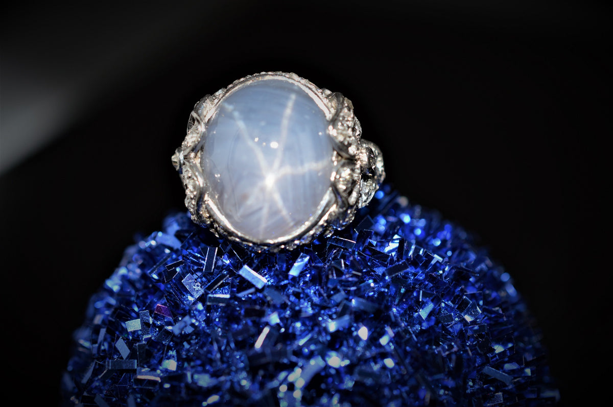 Antique Platinum Genuine Star Sapphire and Diamond Ring