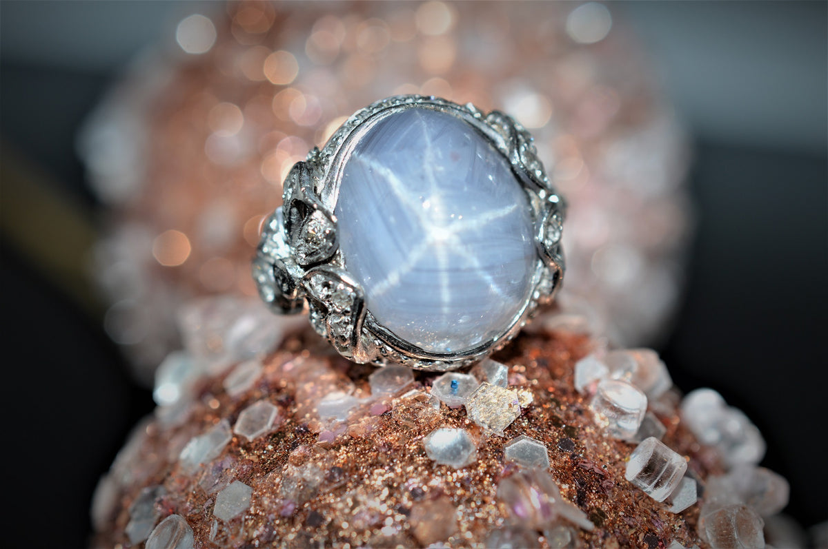 Antique Platinum Genuine Star Sapphire and Diamond Ring