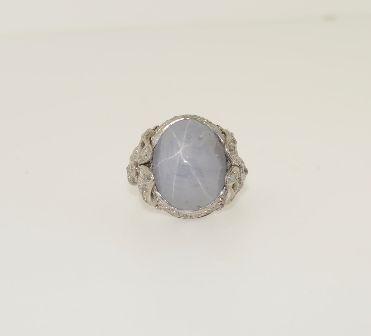 Antique Platinum Genuine Star Sapphire and Diamond Ring