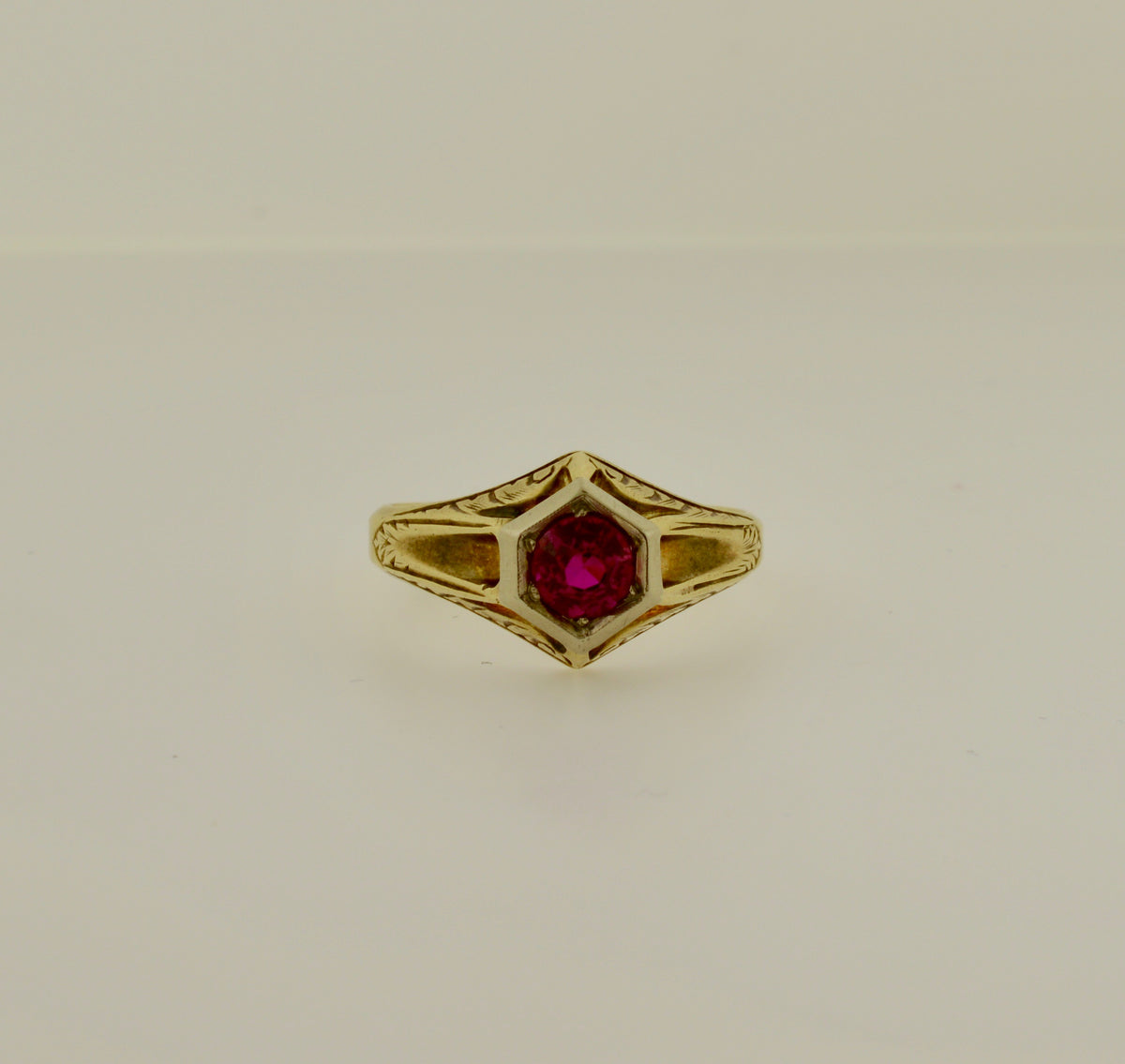 18K &amp; 14K Yellow and White Gold Vintage Synthetic Ruby Ring