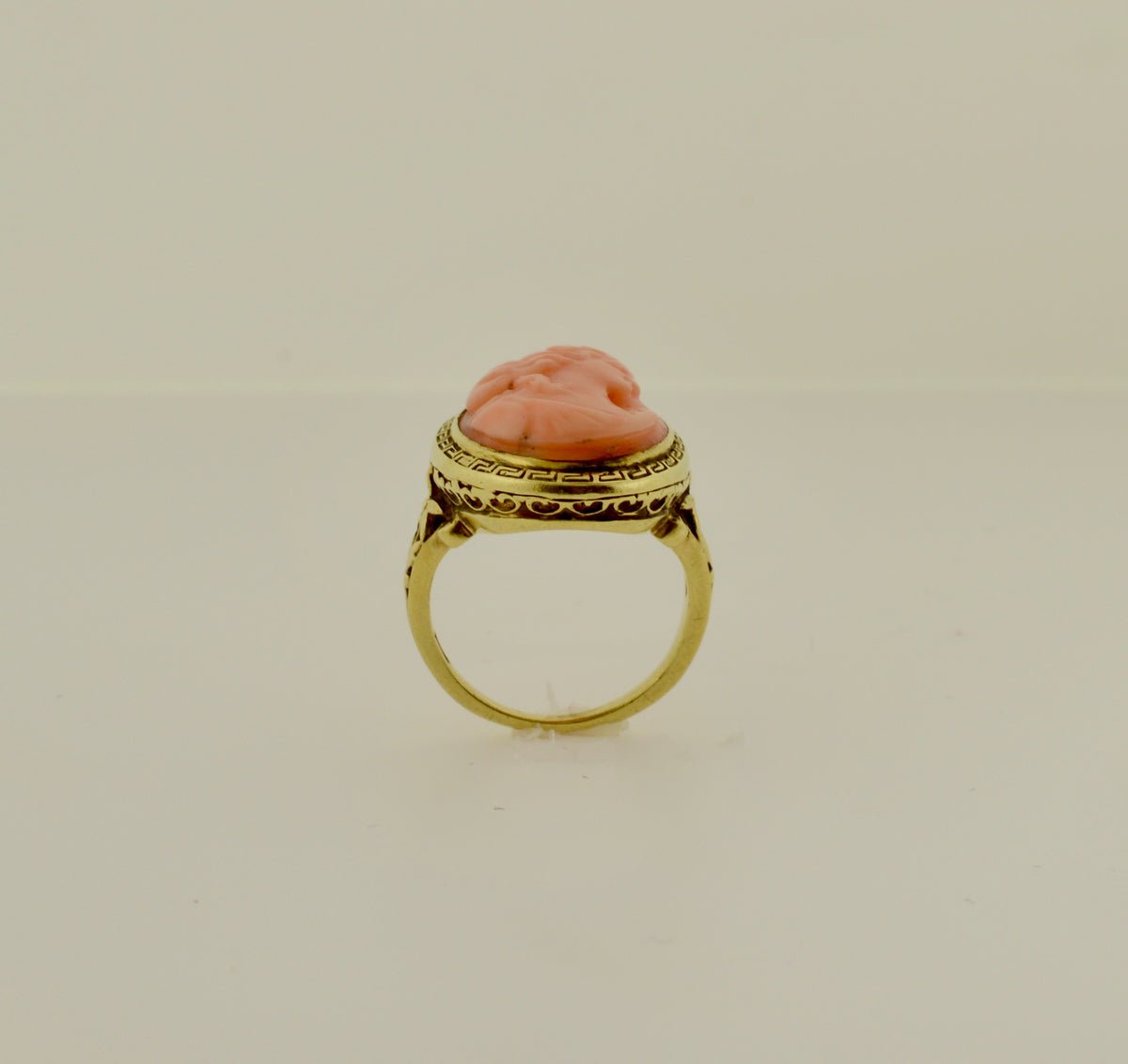 14K Vintage Green Gold Ring Set With 12x16mm Pink Cameo