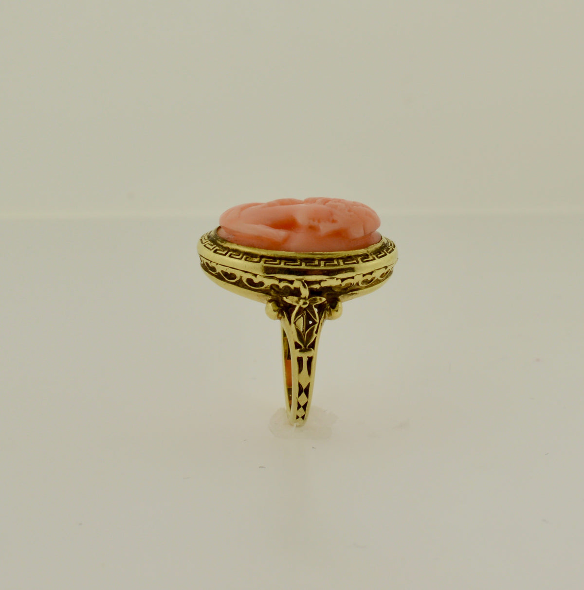 14K Vintage Green Gold Ring Set With 12x16mm Pink Cameo