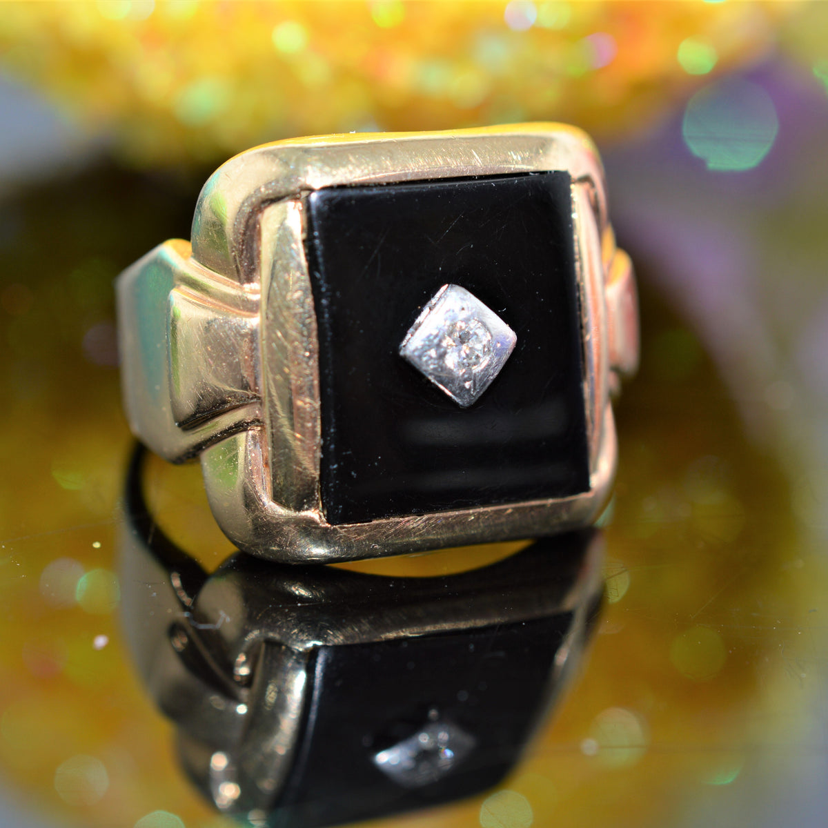 14K Yellow Gold Black Onyx and Diamond Ring