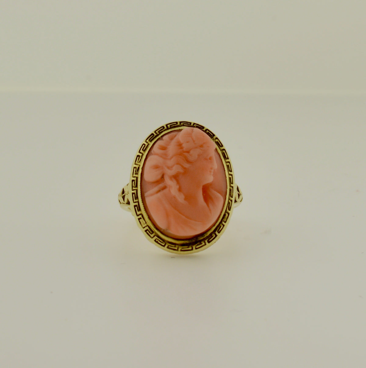 14K Vintage Green Gold Ring Set With 12x16mm Pink Cameo