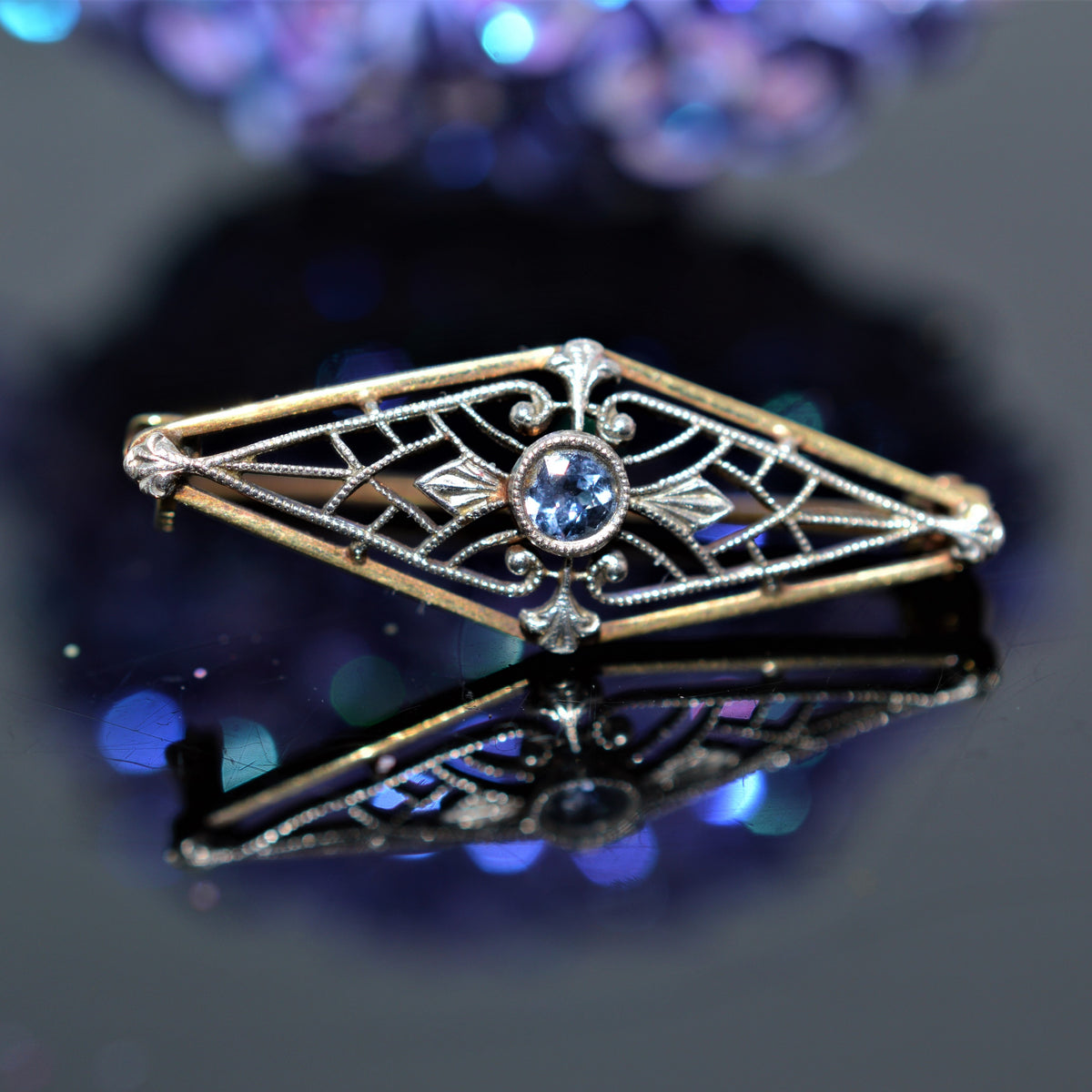 14K Two Tone Antique Round Blue Sapphire Brooch