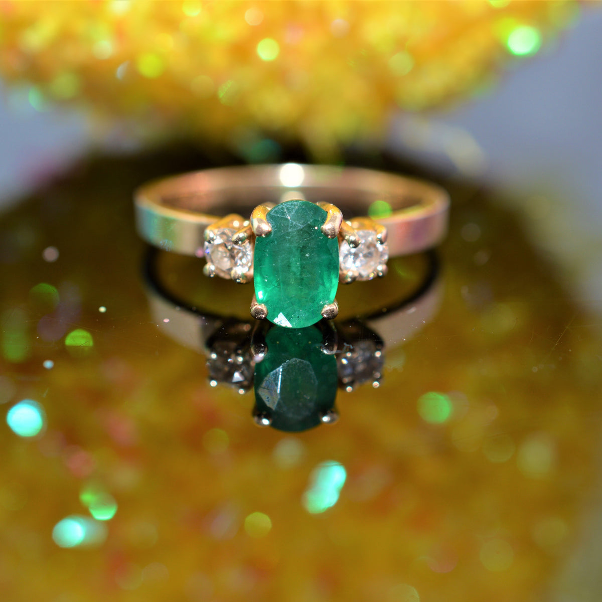 14K Yellow Gold Oval Genuine Emerald  and Diamond Ring